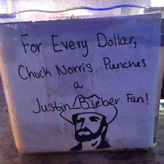 Chuck Norris punches Justin Beiber fans tip jar